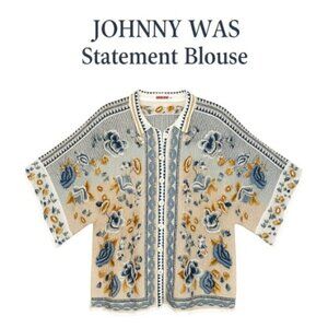 Johnny Was Minerva Embroidered Blouse Blue Cream Floral XS Boho Artisan